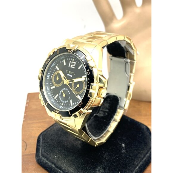 Timex Men's Watch TW2T50800 Quartz Black Dial Gold Tone Stainless Steel 45mm - Picture 2 of 14